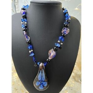 Blue Flower Artisan Glass Beaded Necklac